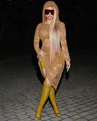 Long Sleeve Hooded Knitted Crochet Midi Dresses TR-1219