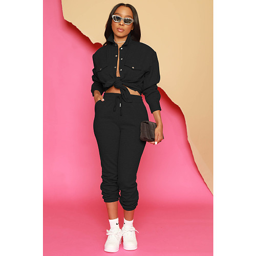 Solid Long Sleeve Button Down Shirt Tops Sweatpants Set IV-8345