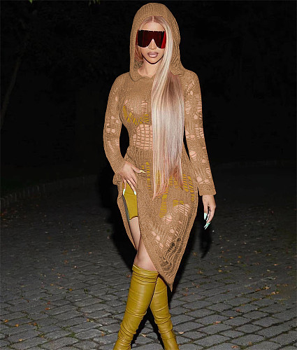 Long Sleeve Hooded Knitted Crochet Midi Dresses TR-1219