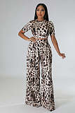 Chic Leopard Print Lace Up Crop Top Wide Leg Pants Set XMY-9388