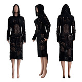 Long Sleeve Hooded Knitted Crochet Midi Dresses TR-1219