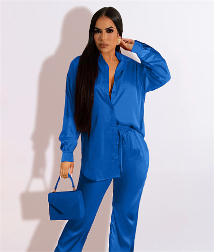 Solid Loose Single-breasted Shirt Wide Leg Pants Outfits TK-6255