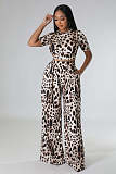 Chic Leopard Print Lace Up Crop Top Wide Leg Pants Set XMY-9388