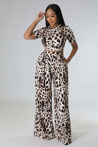Chic Leopard Print Lace Up Crop Top Wide Leg Pants Set XMY-9388