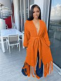 Tassel Fringed Lace Up Long Cardigan Sweater Coat TR-1220