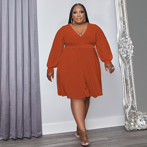 Solid Long Sleeve Deep V Neck Plus Size Dresses OSS-22488