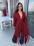 Tassel Fringed Lace Up Long Cardigan Sweater Coat TR-1220