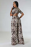 Chic Leopard Print Lace Up Crop Top Wide Leg Pants Set XMY-9388