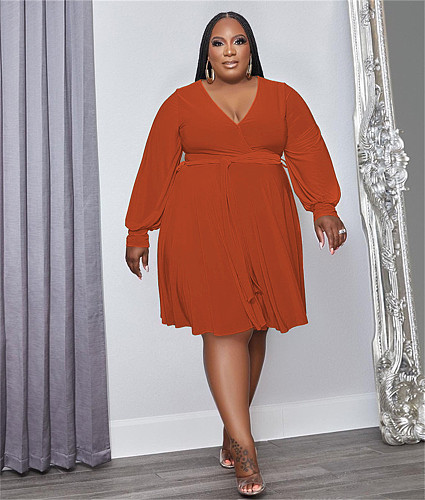 Solid Long Sleeve Deep V Neck Plus Size Dresses OSS-22488