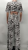Chic Leopard Print Lace Up Crop Top Wide Leg Pants Set XMY-9388