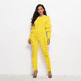 Solid Long Sleeve Ruffles Top and Skinny Pants Set SH-390409