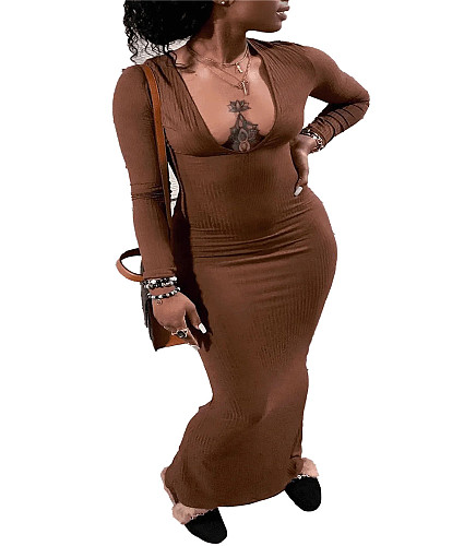 Low Cut Long Sleeve Bodycon Maxi Dresses ZAND-31237