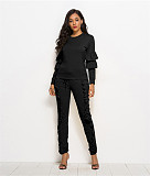 Solid Long Sleeve Ruffles Top and Skinny Pants Set SH-390409