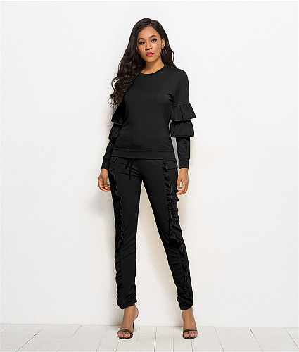 Solid Long Sleeve Ruffles Top and Skinny Pants Set SH-390409