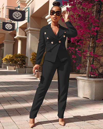 Lapel Double Breasted Blazer Straight Pants Outfits PINH-13306