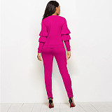 Solid Long Sleeve Ruffles Top and Skinny Pants Set SH-390409
