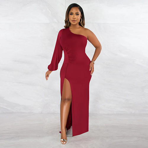 Single Shoulder Lantern Sleeve High Slit Elegant Dress YF-10269