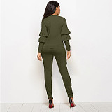 Solid Long Sleeve Ruffles Top and Skinny Pants Set SH-390409