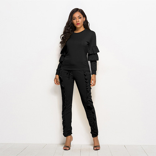 Solid Long Sleeve Ruffles Top and Skinny Pants Set SH-390409