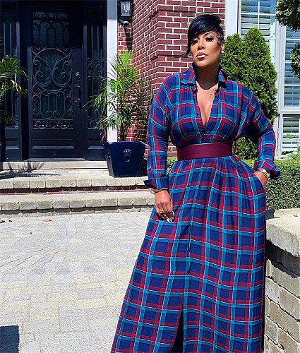 Plaid Print Long Sleeve Single-breasted Maxi Shirt Dress ZAND-31236