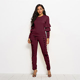 Solid Long Sleeve Ruffles Top and Skinny Pants Set SH-390409