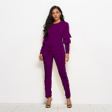 Solid Long Sleeve Ruffles Top and Skinny Pants Set SH-390409