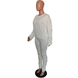 Solid Ruched Long Sleeve T-shirt and Pencil Pants Sets HMS-5400