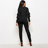 Solid Long Sleeve Ruffles Top and Skinny Pants Set SH-390409