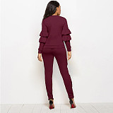 Solid Long Sleeve Ruffles Top and Skinny Pants Set SH-390409
