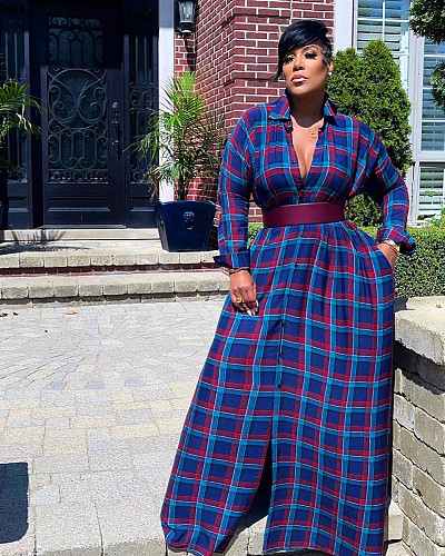 Plaid Print Long Sleeve Single-breasted Maxi Shirt Dress ZAND-31236