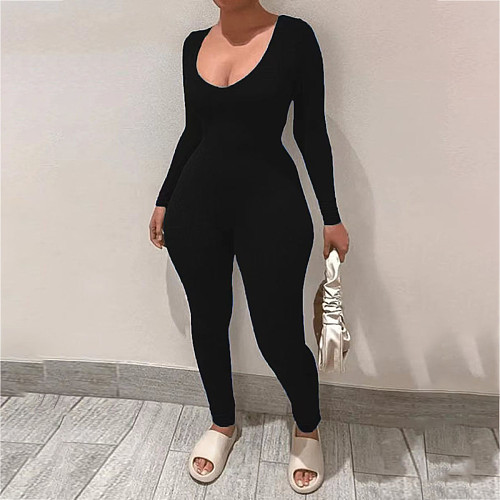 Black Long Sleeve Bodycon Basic Jumpsuit TB-5557