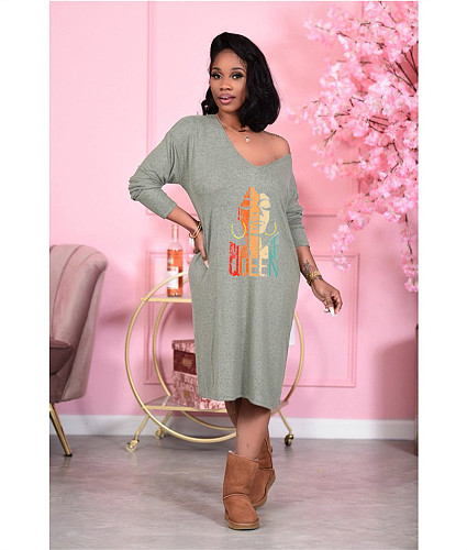 V Neck Long Sleeve Loose T Shirt Casual Dresses CN-0083Q1