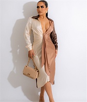 Color Patchwork Sexy Deep V Neck Ruched Dresses BN-9337