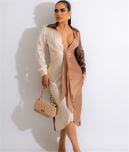 Color Patchwork Sexy Deep V Neck Ruched Dresses BN-9337