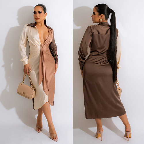 Color Patchwork Sexy Deep V Neck Ruched Dresses BN-9337