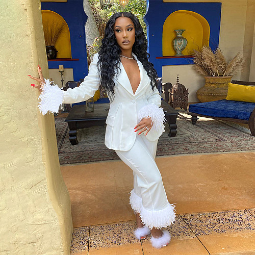 Feathers Decoration Straight Blazer Wide Leg Pants Suit HANI-092