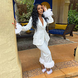 Feathers Decoration Straight Blazer Wide Leg Pants Suit HANI-092