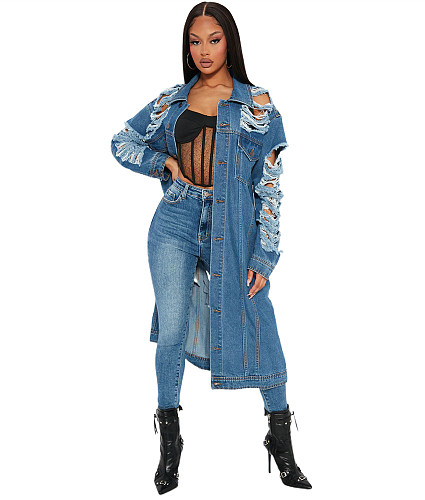 Ripped Holes Distressed Denim Long Jacket Coat LX-7503