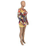 Fall Abstract Print Long Sleeve O Neck Wrap Dresses GLS-10113