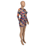 Fall Abstract Print Long Sleeve O Neck Wrap Dresses GLS-10113