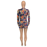 Fall Abstract Print Long Sleeve O Neck Wrap Dresses GLS-10113