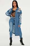 Ripped Holes Distressed Denim Long Jacket Coat LX-7503