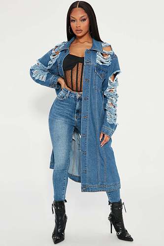 Ripped Holes Distressed Denim Long Jacket Coat LX-7503