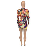 Fall Abstract Print Long Sleeve O Neck Wrap Dresses GLS-10113