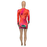 Fall Abstract Print Long Sleeve O Neck Wrap Dresses GLS-10113