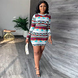 Fall Abstract Print Long Sleeve O Neck Wrap Dresses GLS-10113