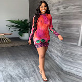 Fall Abstract Print Long Sleeve O Neck Wrap Dresses GLS-10113