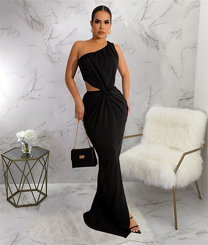 Skew Collar Cut Out Ruched Sexy Maxi Dresses F-10285