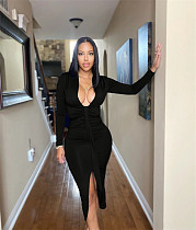 Deep V Long Sleeve Ruched Slit Pencil Dresses QZX-6265