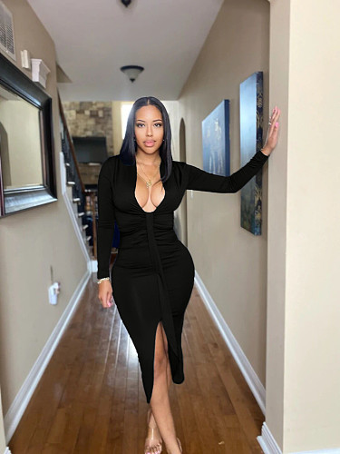 Deep V Long Sleeve Ruched Slit Pencil Dresses QZX-6265